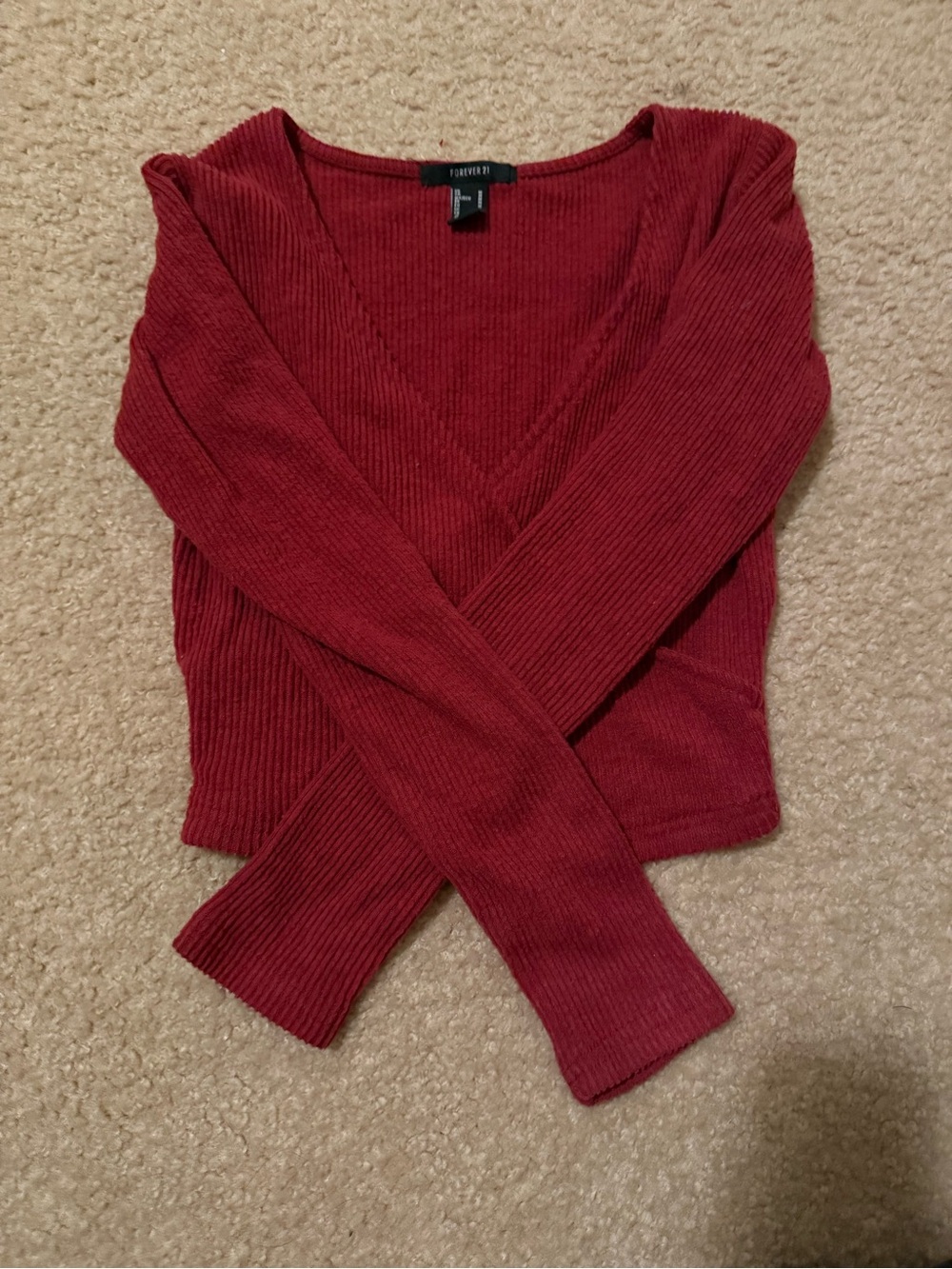 Forever 21 Burgundy Ribbed V-Neck Cropped Long Sleeve Top